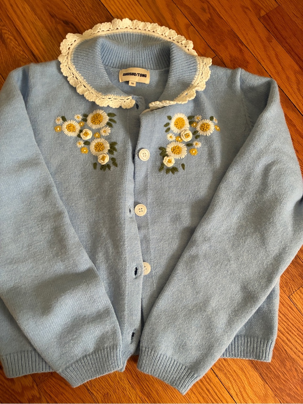 Shushu/Tong Pale Blue Embroidered Daisy Collar Cardigan